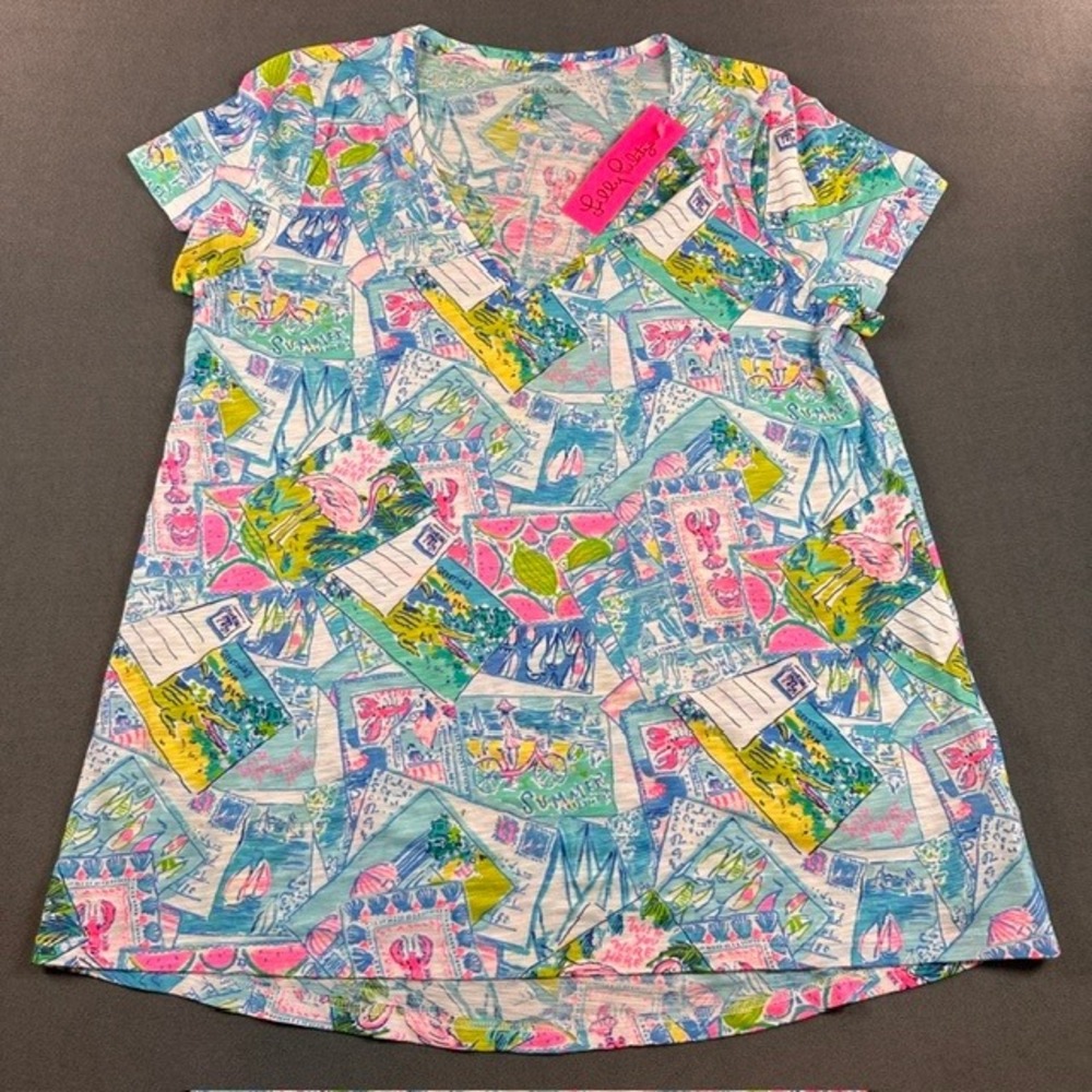 NWT Lilly Pulitzer Etta V-Neck Wish You Were Here Postcard Short Sleeve Tee LG